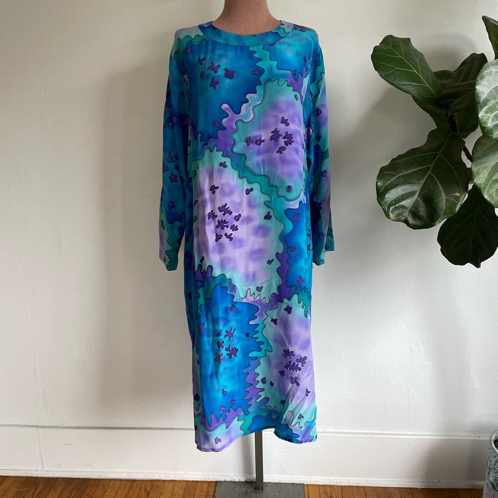 80s Vintage CHANTIK 100% Silk Batik Amoeba Print Long Sleeve Caftan, Tunic Dress